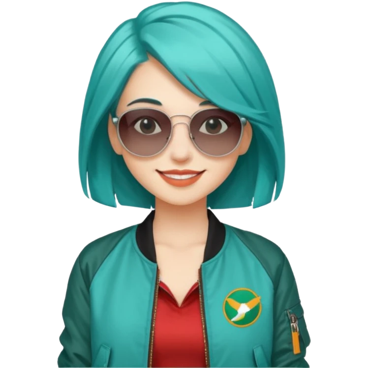young fashionable woman, shoulder-length teal hair, wearing a bomber jacket and sunglasses, smiling emoji