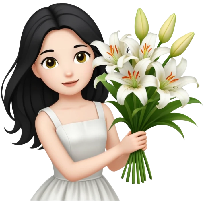  A girl with a black half-up half-down hairstyle, and a white dress, enjoying the spring breeze.Holding a bundle of lily emoji
