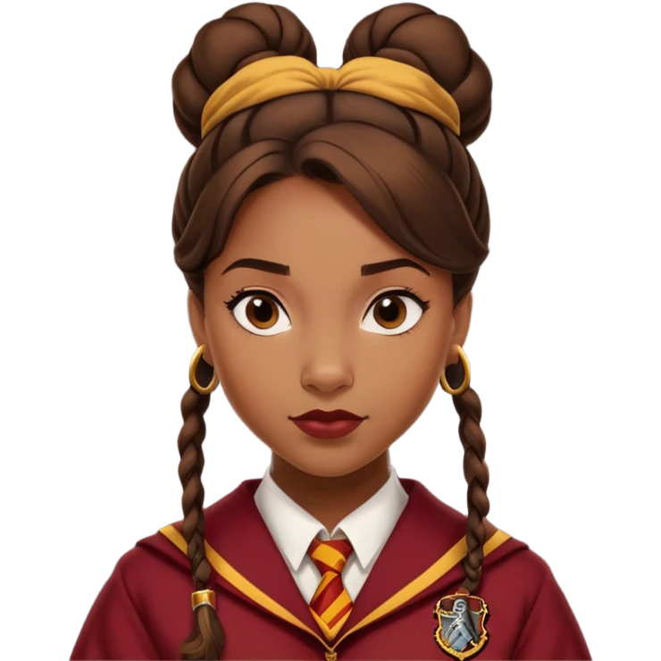 Tiana Benjamin is Angelina Johnson in harry potter, wear hogwarts gryfindor uniform,  thick, brown knot bun hair , reflecting her bold, stylish, and strong personality emoji