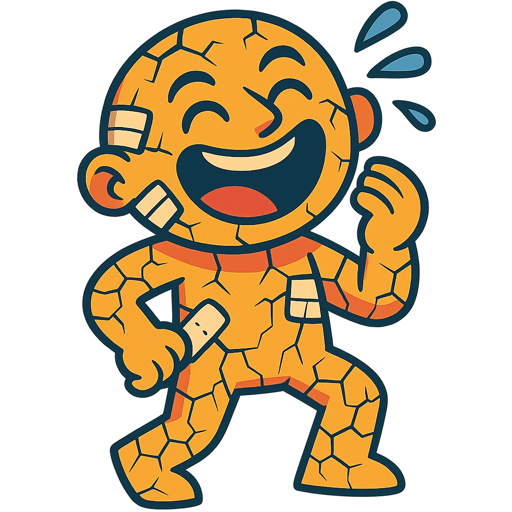 cartoon figure with visible cracks or bandages, laughing, colorful style emoji