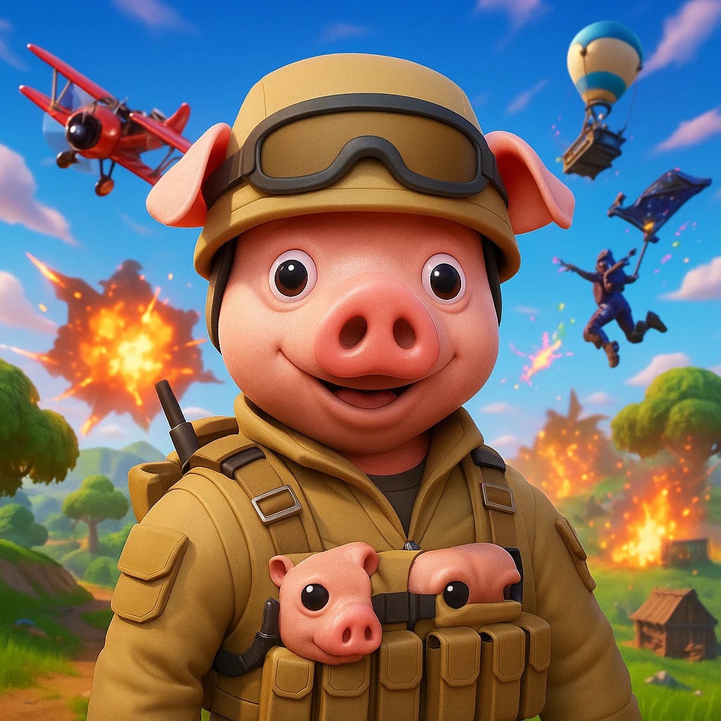 Place John Pork in a Fortnite landscape with bright, action-filled background elements. The background should be lively, colorful, and capture the energetic essence of Fortnite's game world. emoji