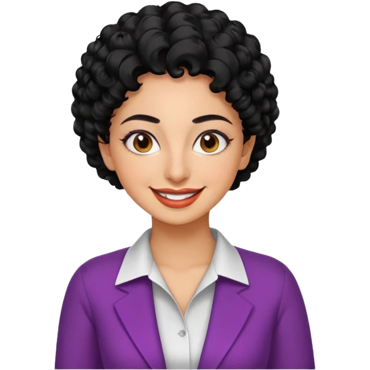 30 year old iranian woman very short curly black hair, big brown eyes, tanned skin, big smile, white teeth, pretty, stylish, shorter hair, boy cut hair, nice clothes emoji