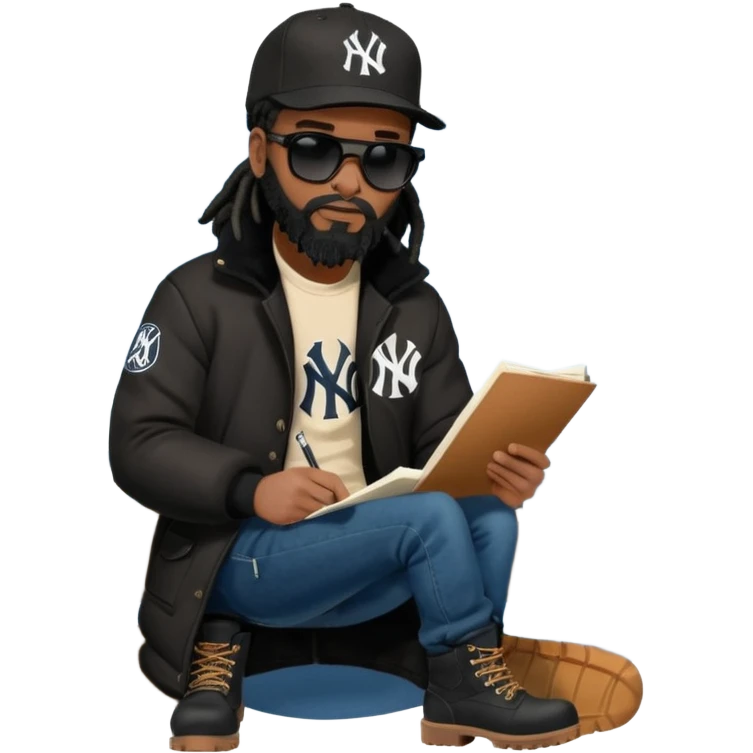 African American man with shoulder length black dreadlocks with black beard wearing black sunglasses wearing a black New York Yankees logo baseball cap wearing a black bubble winter coat with denim skinny jeans and timberland boots writing a letter emoji