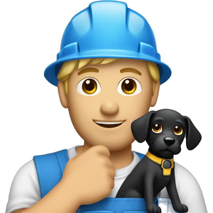 Blonde male construction worker wearing a hat and blue work wear holding a little black dog on his arm emoji