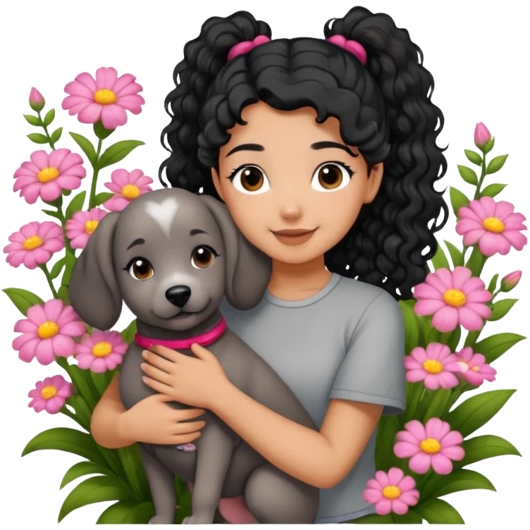 A beautiful girl with black ponytail and wearing short sleeves happily hugs a gray curly dog ​​in the flowers emoji