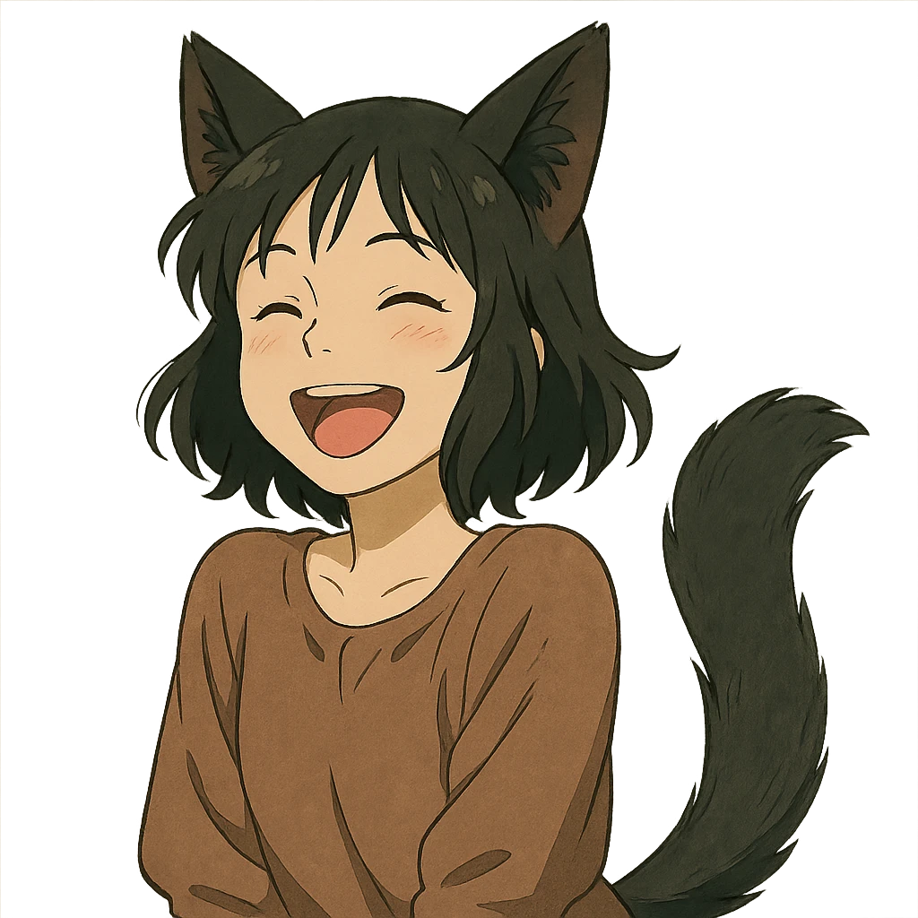 A girl with black fox ears and a tail, green eyes, dark hair, laughing emoji