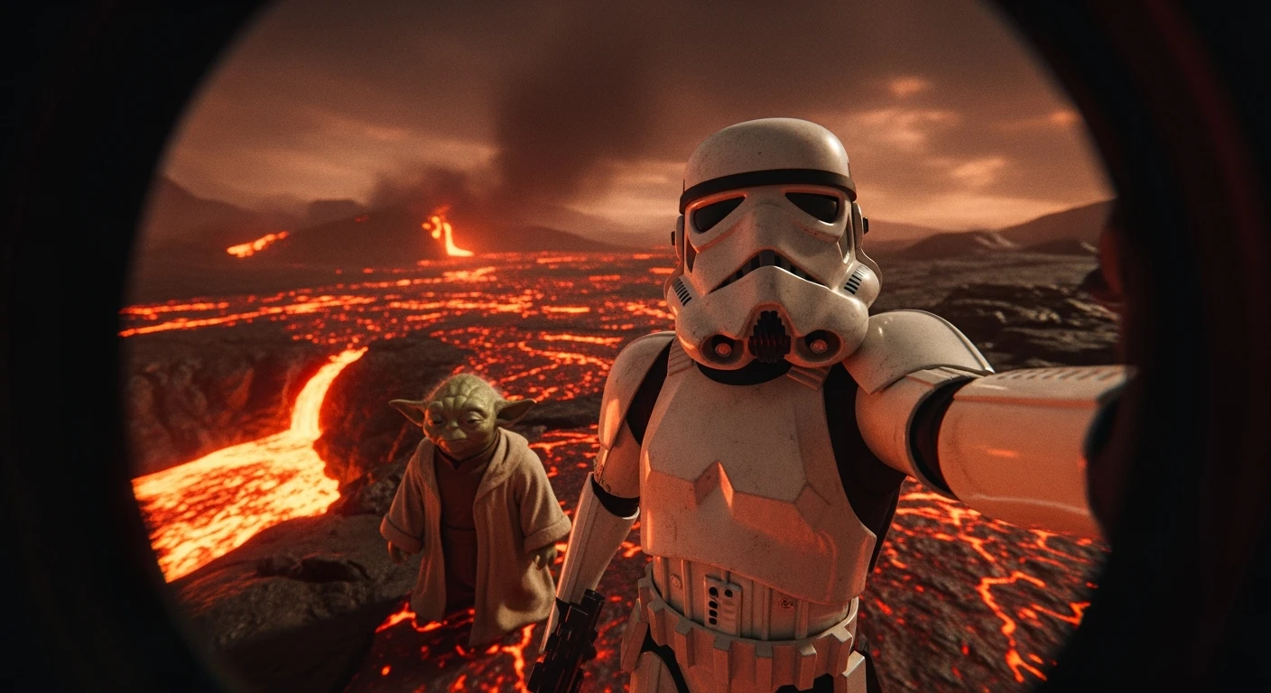 Camera POV, Starwars stormtroopers vlogging selfie, he is walking on lava planet with yoda emoji