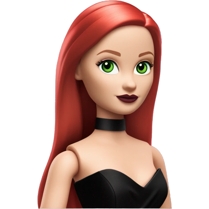  Bunny Wednesday Addams Barbie dancing.  Small Green eyes with light skin face. Longer red hair. black flowing strapless tight evening gown with  plunging neckline that’s off-the-shoulders that also shows her legs and black shiny velvet high heel shoes. emoji