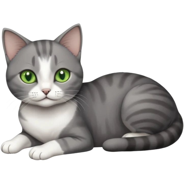 full body tiny short hair dark grey and white cat with white front legs and green  eyes lying down emoji