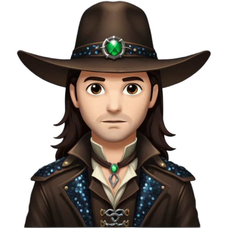Gabriel Van Helsing from Van Helsing with long dark brown hair, dark brown sequin outfit emoji