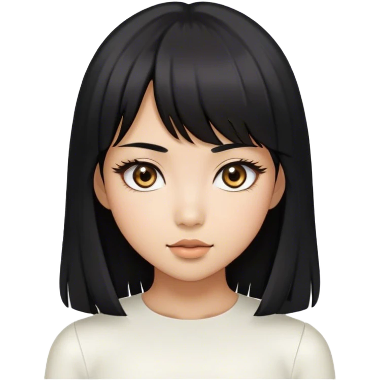 a black hair, tan skin, asian girl, vvery attractive eyes with long lashes，Centre-parted hair, a bit of bangs around the ears, white sheath top. emoji