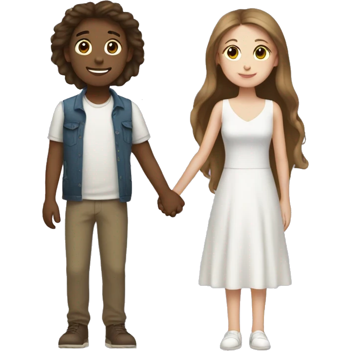 two girls one guy holding hands, one girl long brown hair white skin emoji