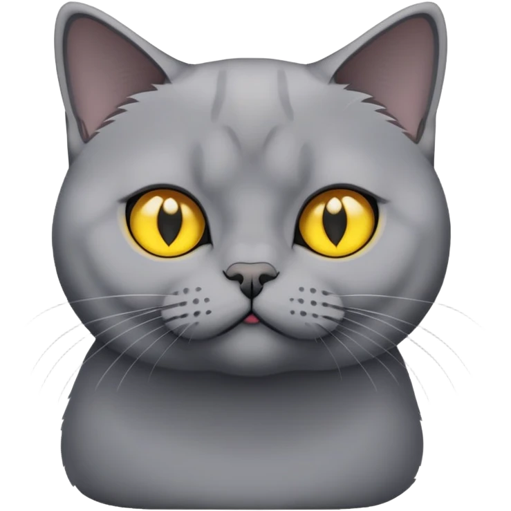 It’s a British Shorthair cat with no patterns,grey fur, and yellow eyes. emoji