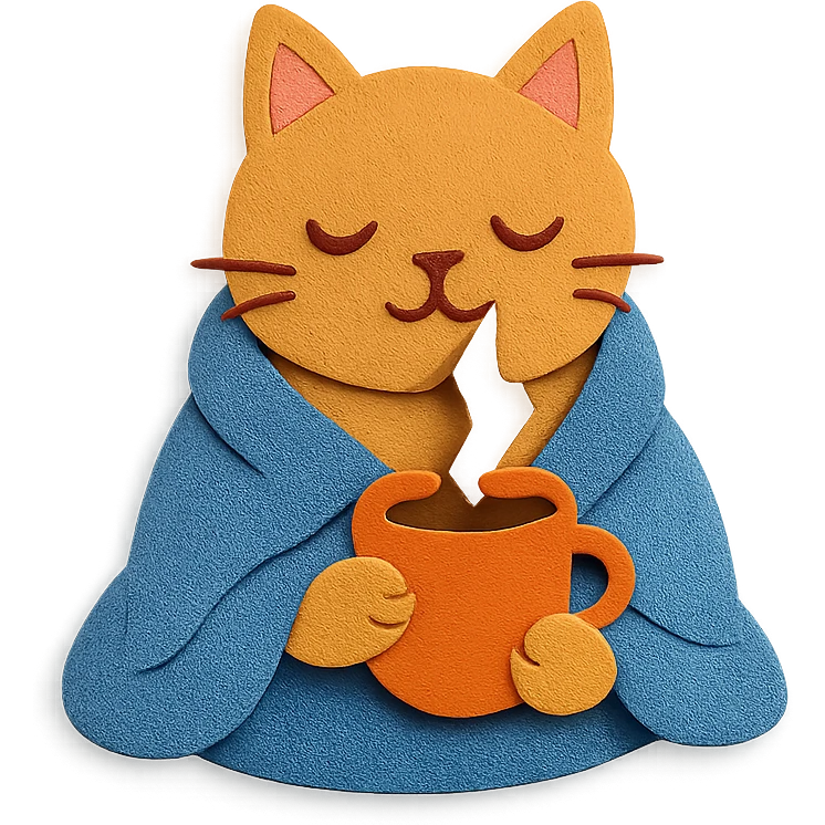 cat with a blanket and tea, weekend comfort emoji