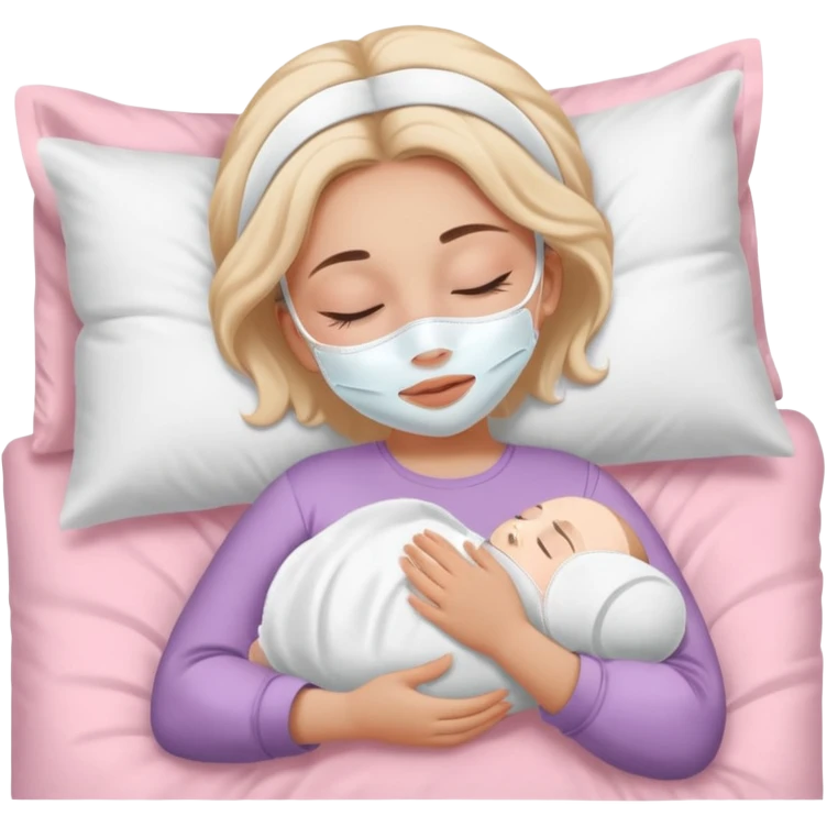 Girl sleeping peacefully with a white beauty face mask on, self care routine. baby pink bedding  emoji