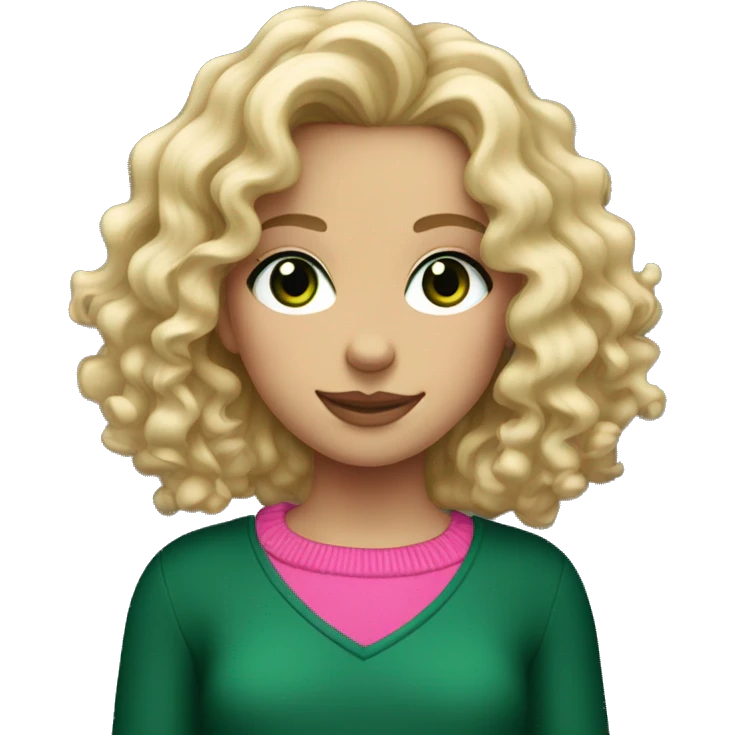 Blonde girl with dark green eyes and curly wavy hair and a jumper color pink emoji