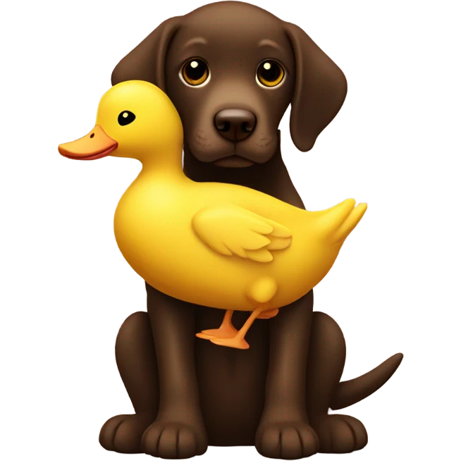 Chocolate lab puppy with big yellow duck plush toy emoji
