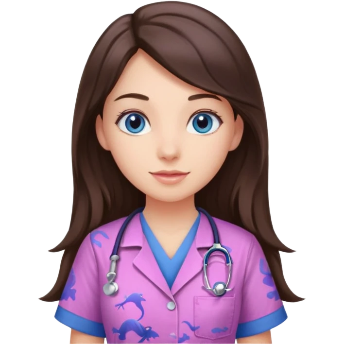 pretty brunette nurse with long hair and blue eyes in pink and purple dinosaur pattern scrubs emoji