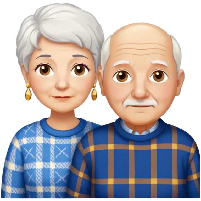 Una abuela italiana blanca de ojos marrones con cabello corto blanco y aretes de oro, junto a su esposo de ojos azules, abuelo de piel blanca italiano, el abuelo vestido de un suéter de cuadros, un poco gordo con pelo blanco corto calvo, sin nada de bigote  emoji