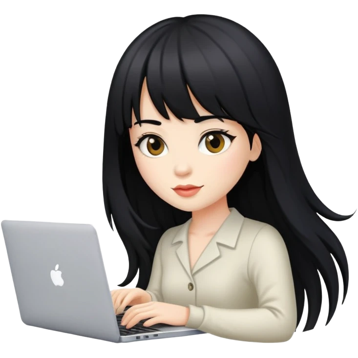 beautiful woman with black long bang hair using laptop emoji