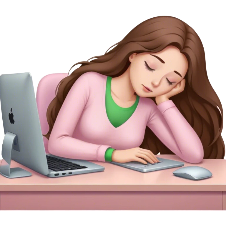 pretty woman with very long brown hair and green eyes and light pink outfit sleeping working on a computer emoji