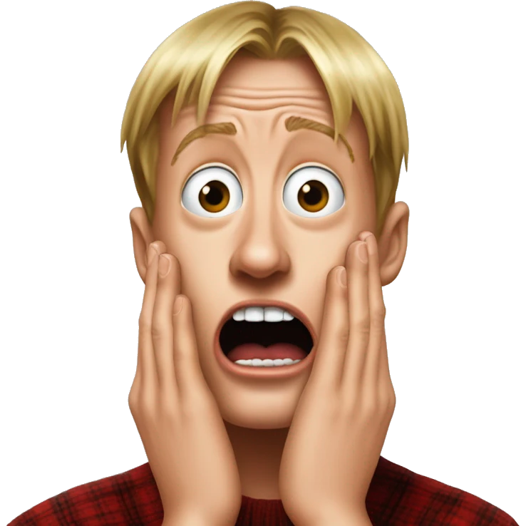 kevin McCallister from Home Alone, putting both hands on his face and screaming of fear. bring the hands down lik he is putting on his cheeks. emoji