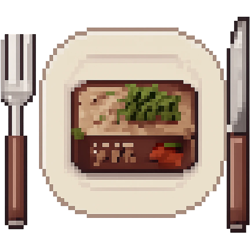 Add a plate under the steak, fork, and knife. Keep the pixel art style with no background. emoji