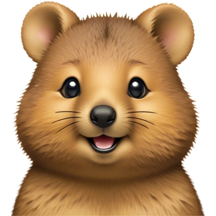 Cinematic Cute Quokka Portrait Emoji, Head tilted playfully and inquisitively, featuring a fluffy, round face with a naturally cheerful grin and bright, sparkling eyes full of playful curiosity, Simplified yet irresistibly adorable features, highly detailed, glowing with a warm, friendly glow, high shine, affectionate and spirited, stylized with a touch of Aussie whimsy, bright and endearing, soft glowing outline, capturing the essence of a mischievous yet loving quokka, so playful it feels like it could scamper out of the screen and into your arms! emoji