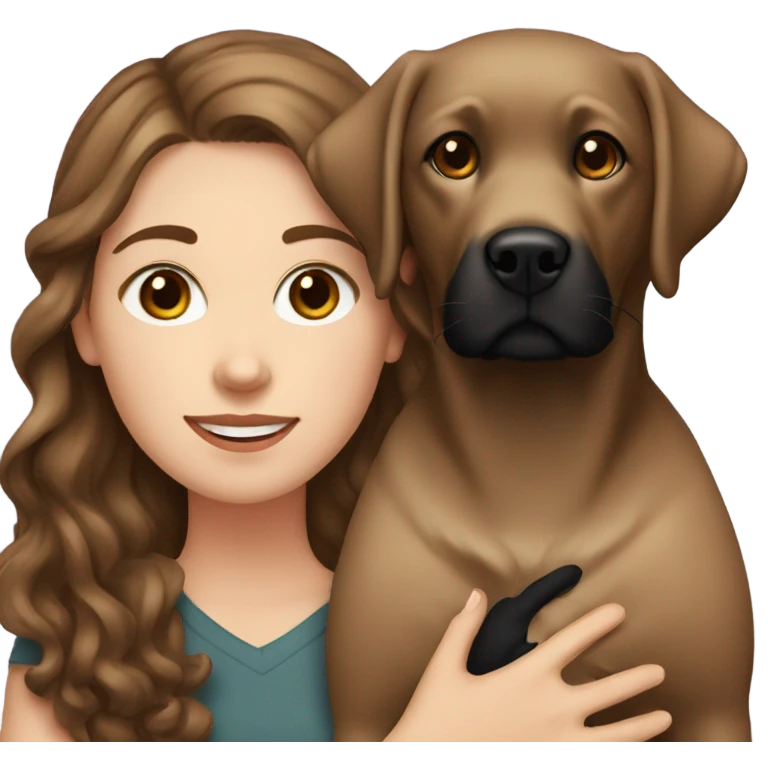 White girl with wavy brown hair holding a black Labrador emoji