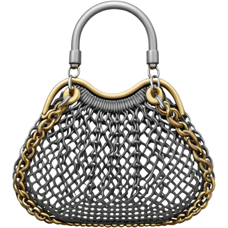 3D render of Mesh Purse, made of interlocking chainmail metal rings, wire mesh texture, visible holes and negative space, metallic silver and grey, high contrast shadows, Apple emoji style, isolated on white background --v 6.0. emoji