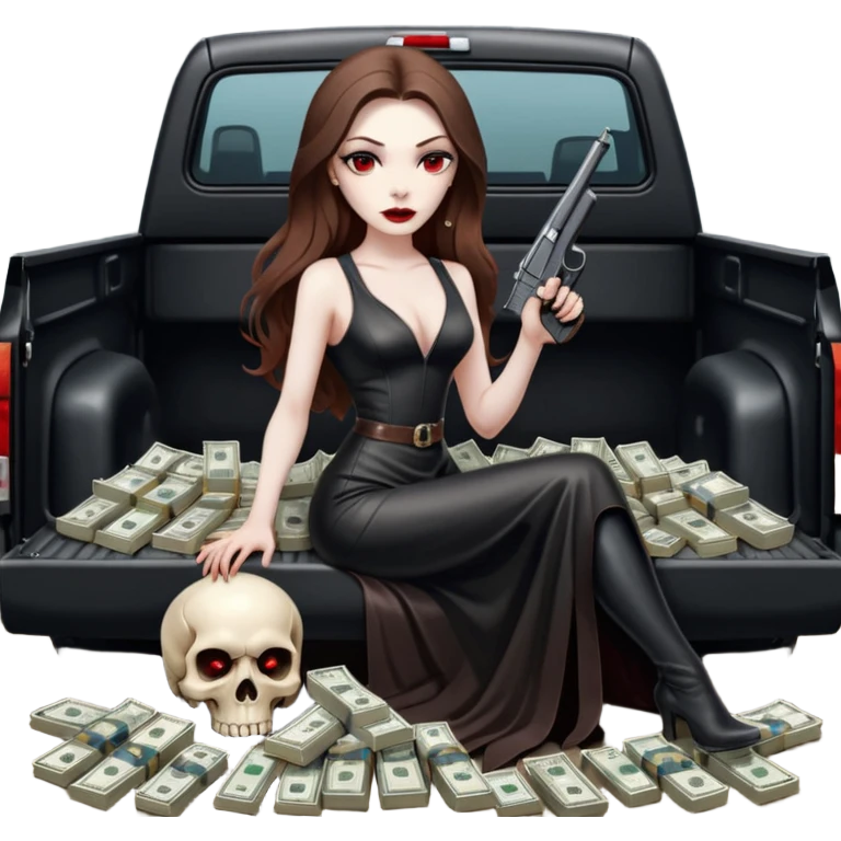 Lilith symbol red eye seductress evil long brown haired sexy succubus woman with leather long dress with slit on, sitting in Big Large F350 pickup truck. Back seat full of stacks of cash, she is  Holding a human skull of her enemies and a gun in other hand emoji
