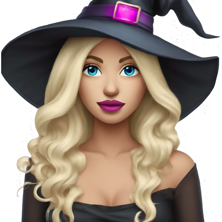 Beautiful blonde blue eyed witch with pink lips wearing witch hat emoji