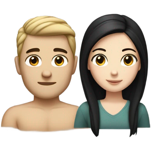 White girl with black hair, slightly darker white guy with dark brown long hair in a bun  emoji