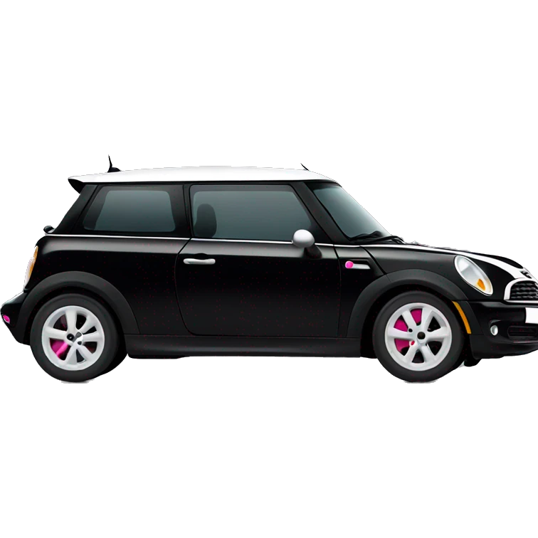 Black mini cooper, white roof, black doors, with hot pink stripes emoji