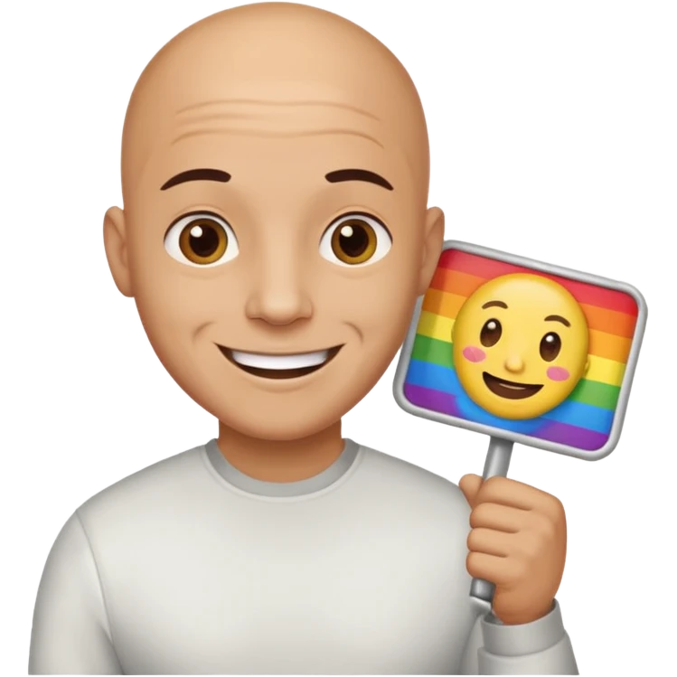 bald guy holding sign that says "am gay" emoji