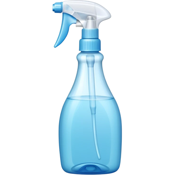 transparent plastic spray bottle filled with light blue liquid, clean trigger top, ergonomic shape, soft curves, slight shine, clarity and freshness, no label, no cloth, no window, closed spray bottle, soft lighting, subtle shadows, emoji scale emoji