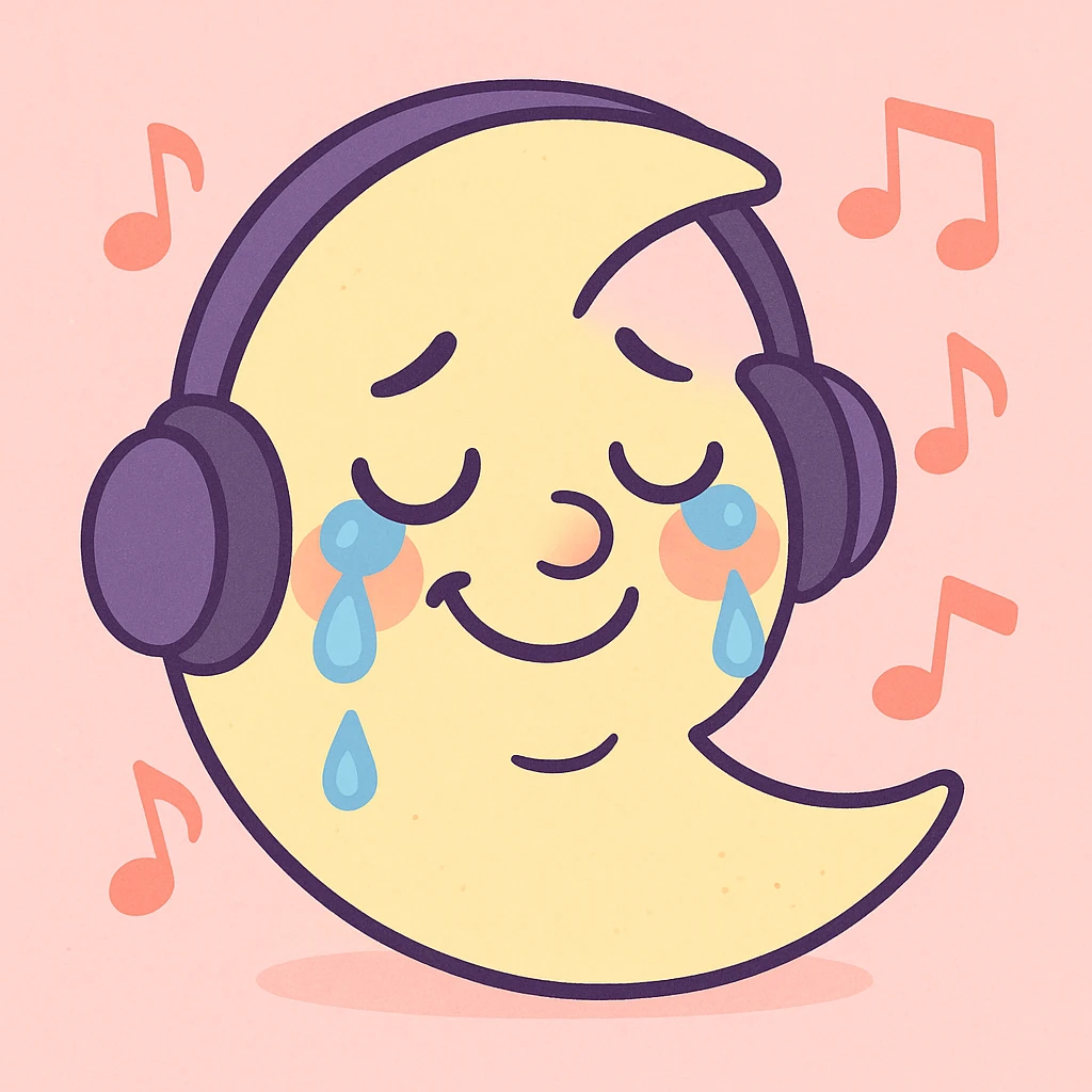 a crescent moon enjoying music, happy tears, with a gentle smile, soft pastel colors, delicate and soothing emoji