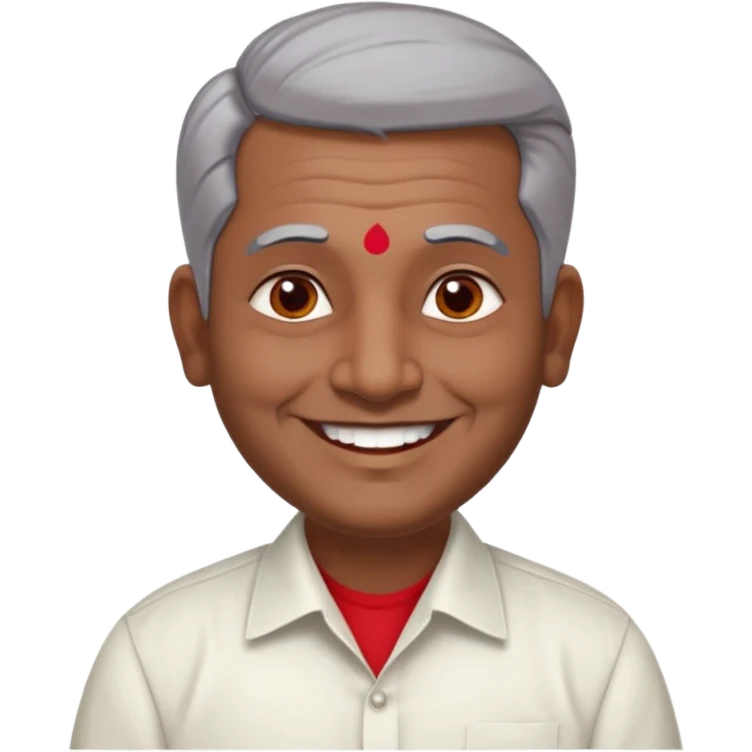 50 yr old indian man, dark skin, grey hair, big smile, white teeth, chubby, no moustache, clean shaven, young style hair, hair brushed back, 5 oclock shadow, bindy, dress shirt, forehead dot, chubby, religious, red dot emoji