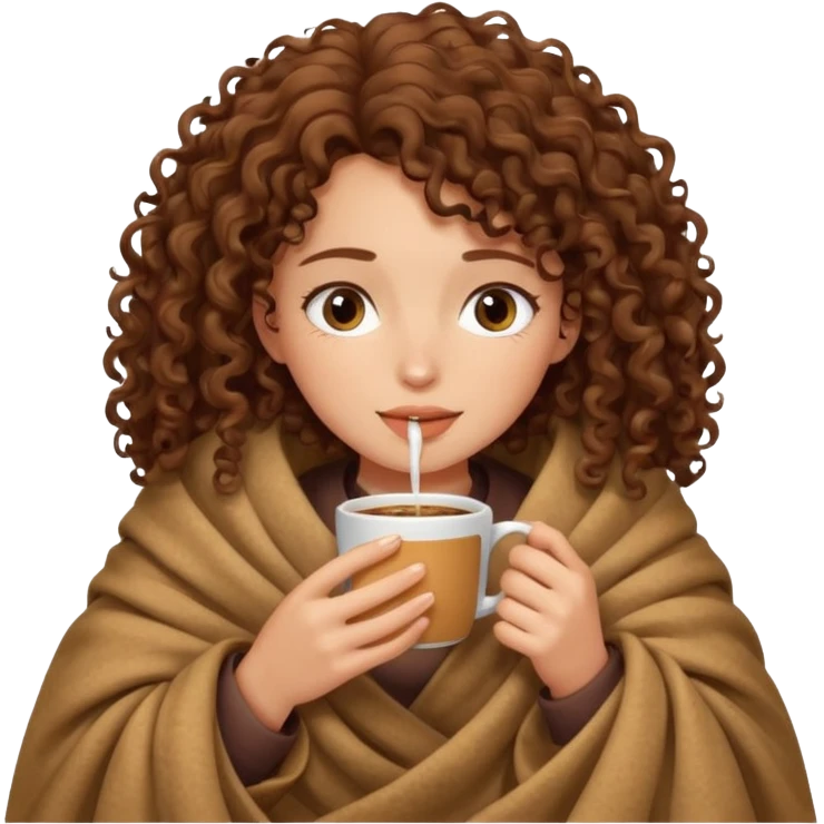 Brown Curly girl inside a blanket sipping coffee eyes closed emoji