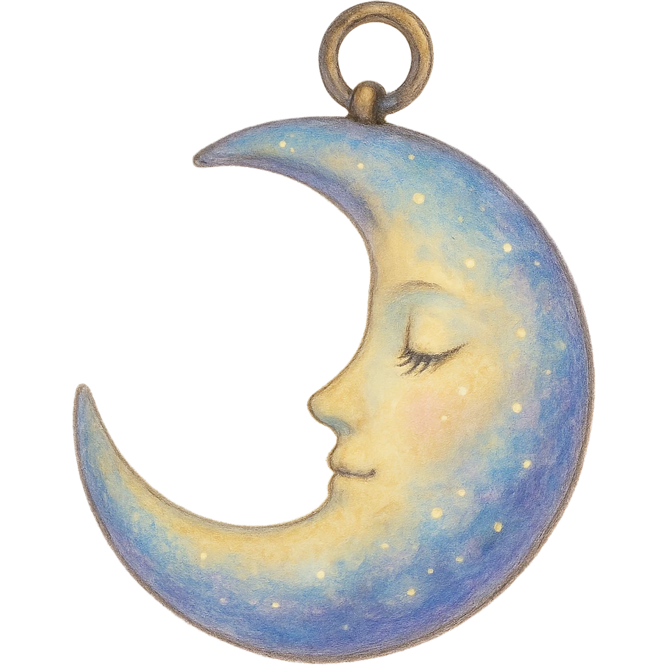 moon-shaped pendant, dreamy lighting, soft painterly textures, whimsical and celestial, no background emoji