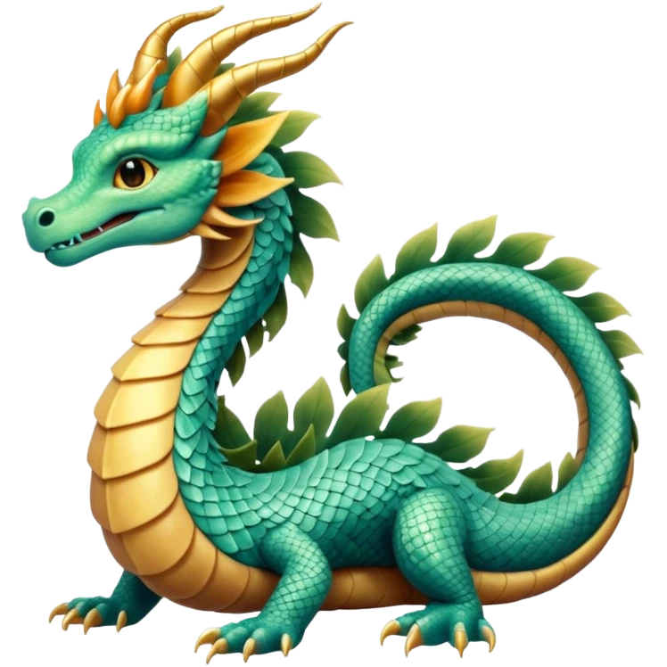  serpent dragon. Slim, serpentine body with smooth scales in soft blues and greens. Fluffy leaf plumes replace the tail fins, and a terracotta crown-like crest adorns its head. Gentle amber eyes. emoji