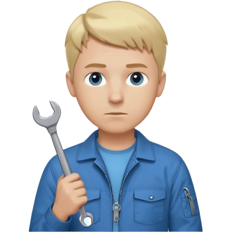 Calm and independent male technician, fair skin, short blonde hair, cool light-blue eyes, serious but composed expression, wearing a blue work jacket over a grey t-shirt, holding a wrench in one hand and a mechanical gear in the other, waist-up, front-facing emoji