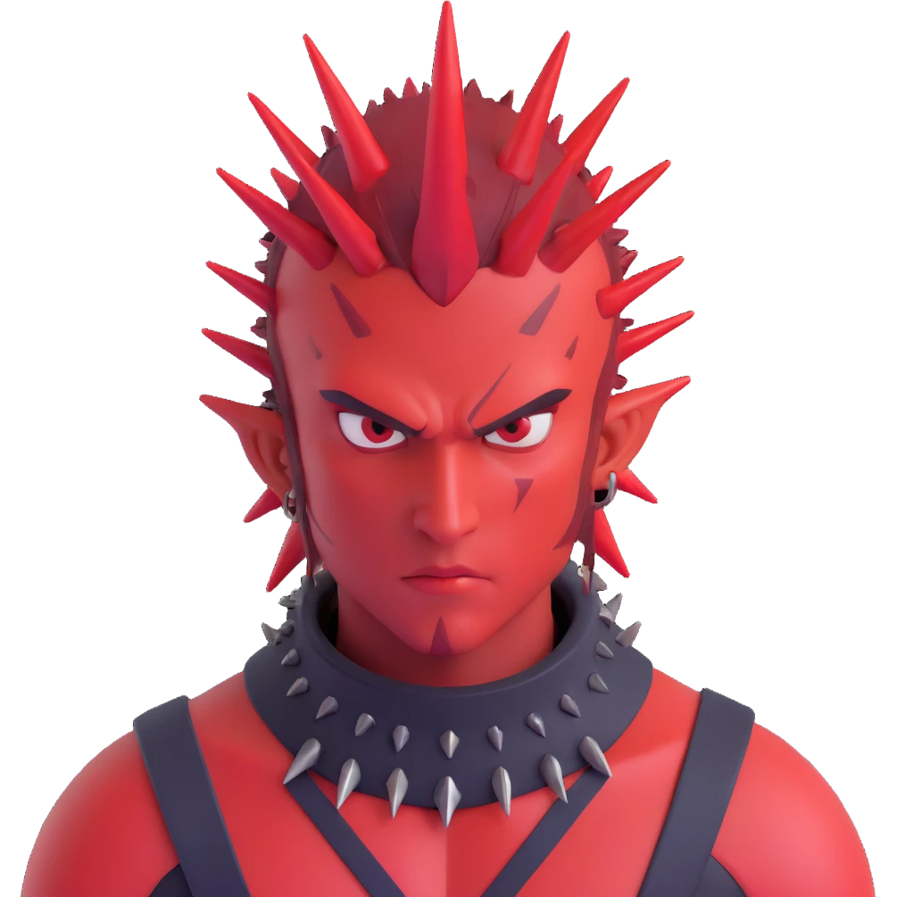 Sprunki character with red skin, wearing spikes on his head, close-up portrait with attitude emoji
