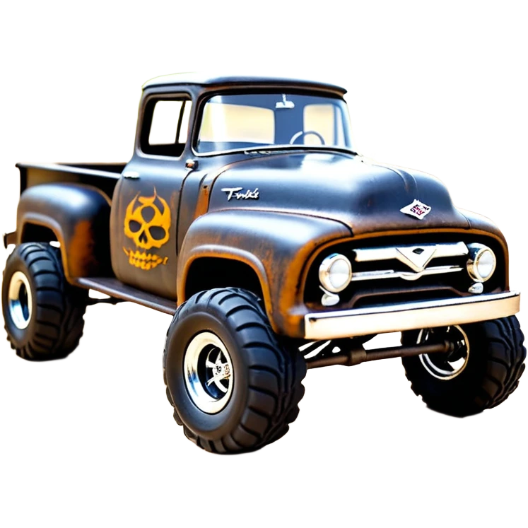 1:10 off-road lcg smoking rusting Arrma Traxxas Basher style Wednesday Adam’s 1954 blackened tarnished hotrod rat rod streamlined anime Ford zombie extended cab rc bulging pickup (extra wide low-profile pin tires chrome wheels with fenders) emoji