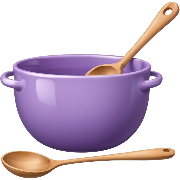 a lilac ceramic mixing bowl with a wooden spoon stirring emoji