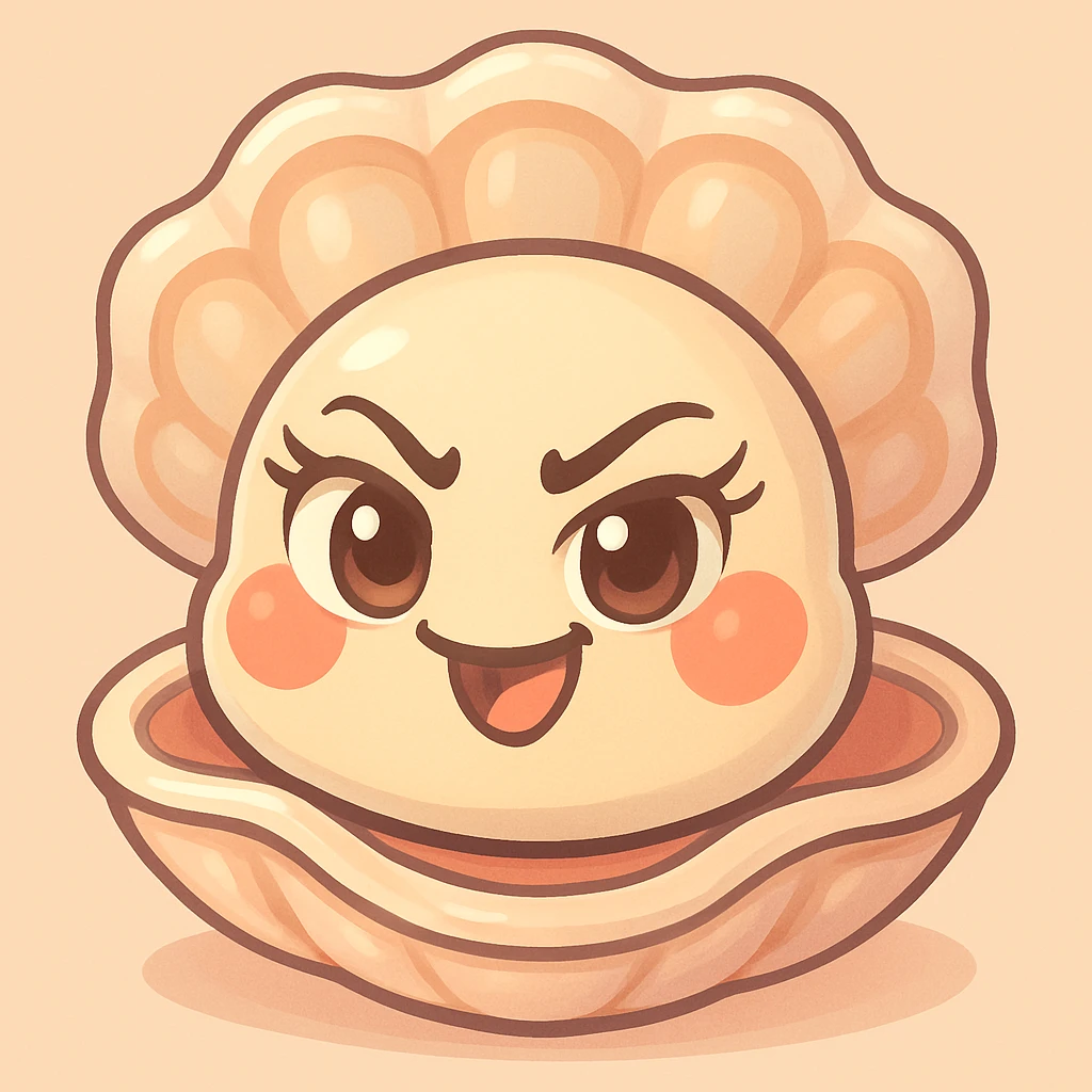 Enhance the oyster's eyes to be even more expressive and luminous with elegant eyelashes. Accentuate the pastel, pearly, cream, peach, and greige nuances more vividly. Keep the shell large and the oyster small. Maintain the pastel toon style, the background, and the mischievous expression as is. emoji