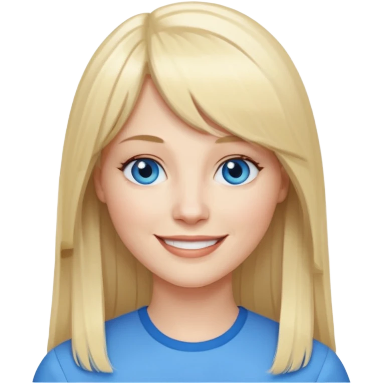 40 yr old white woman, pale skin, long straight blond hair parted in center, blue eyes, bangs emoji