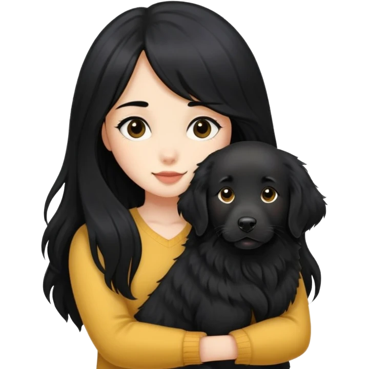 A girl with long black hair and a black golden retriever emoji