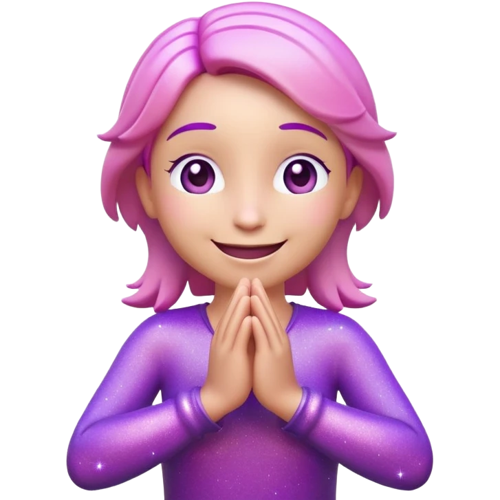 3D emoji of a happy character with hands together in gratitude pose, purple/pink tones, sparkles around, kind expression emoji