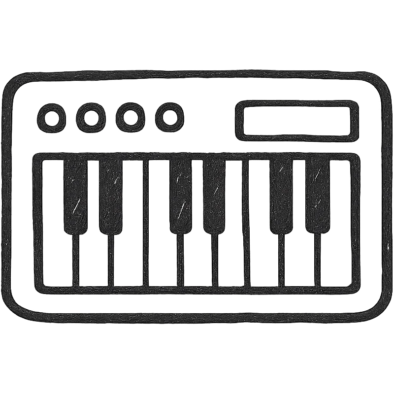MIDI keyboard icon, hand drawn, black outlines, no fill, simple and clean, front view emoji